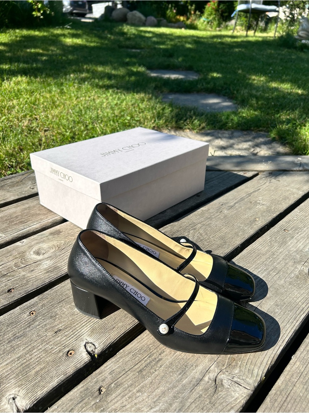 Jimmy choo Elisa 45 mm pumps 
Black on black, patent toe and nappa leather